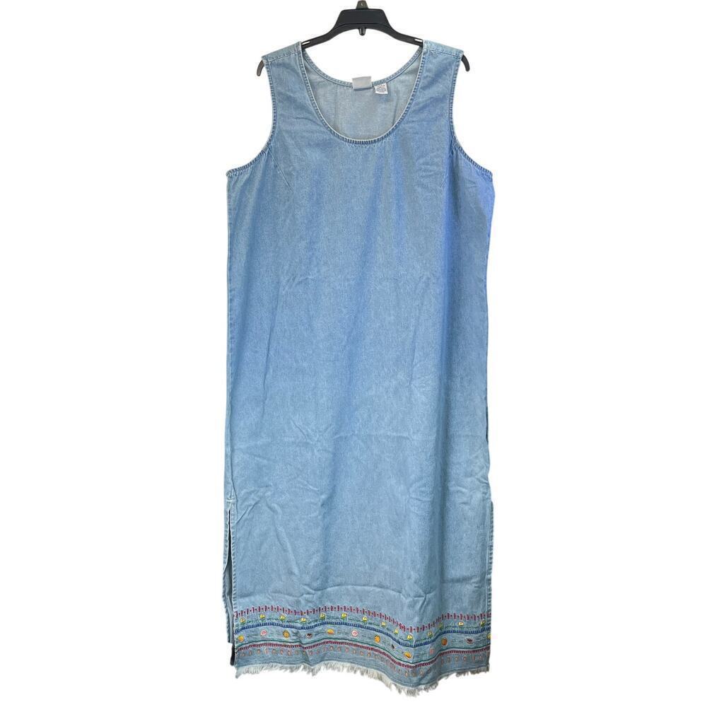 VTG Caroline Blue Plus Womens 18W Embroidery Blue Jean Sleeveless Slit Dress